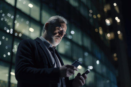 a senior caucasian businessman executive using mobile phone with background of modern office buildings at night Generative AI AIG18.の素材