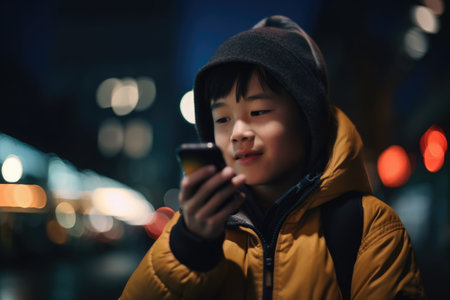 Low angle shot of a young chinese japanese 10-year-old little boy trendy clothes using mobile phone with background of urban city street at night. Generative AI AIG18.の素材