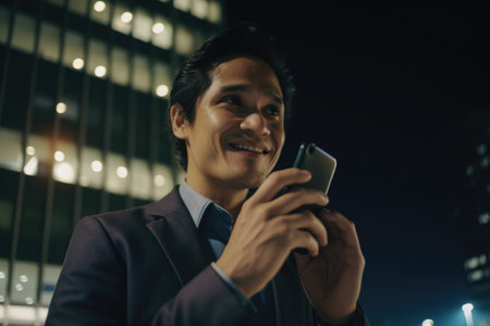 a young mexican hispanic businessman executive using mobile phone with background of modern office buildings at night Generative AI AIG18.の素材