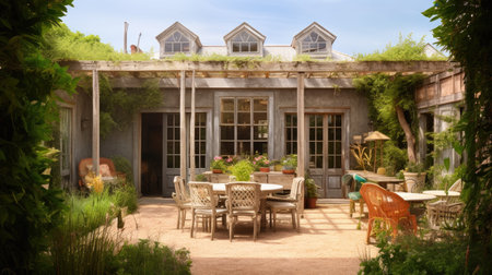 The outdoor casual patio in backyard with dining table in garden style. Generative AI AIG27.の素材