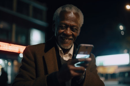 a senior african-american man trendy clothes using mobile phone with background of urban city street at night Generative AI AIG18.の素材