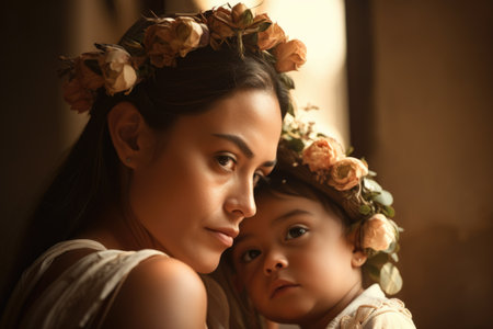 The strength and beauty of mexican hispanic motherhood in a single image. Generative AI AIG18.の素材