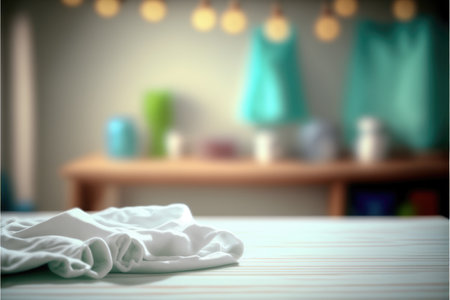 Focus white empty table with blurred laundry background. Concept of blank space for advertising product. Finest generative AI.の素材