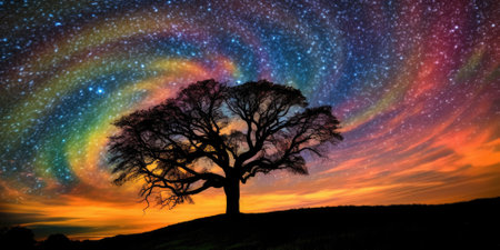 Tree silhouette on a hill with colorful swirling galaxy in the sky. Generative AI AIG27.の素材