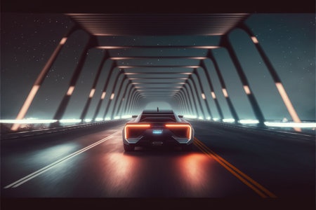 Cyber neon driving green power sport car with hybrid technology automotive in futuristic. Concept of light glowing on dark city view in night life. Finest generative AI.の素材