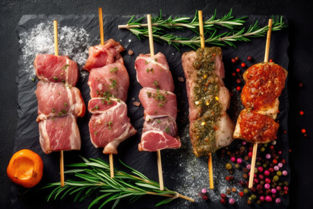 Various raw pork neck skewers are arranged on a dark background, accompanied by rosemary, sea salt, garlic and spices. beautiful Generative AI AIG32の素材