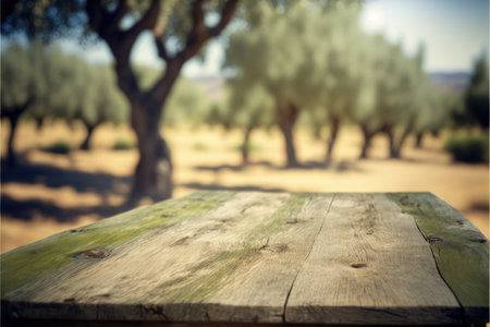 Focus empty wood table with blurred natural olive tree background. Concept of blank space for advertising product. Finest generative AI.の素材