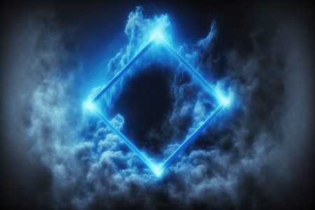 Abstract of glowing smoke square frame illuminated with neon light on darkness sky view. Concept of futuristic minimal geometric shape in paradise. Finest generative AI.の素材