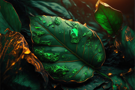 Closeup macro texture of luxurious green leaf in wondrous fantasy setting. Beautiful glossy stone shape leaves with golden highlight veins and lighting like fairytale by Generative AI.の素材