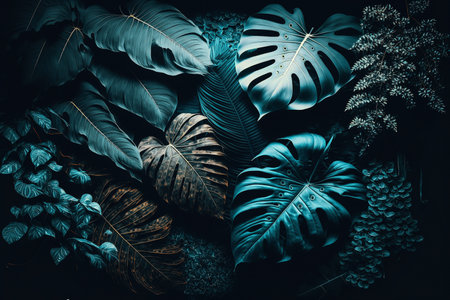 Luxury tropical leaves plant and foliage exotic background abstract of dark botany . Admirable Generative AI image .の素材