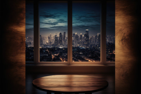 Empty wooden table with large window view through cityscape background. Concept of building office or condominium outside perspective. Finest generative AI.の素材