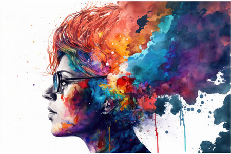 Explosion of colors out of an artist in concept of creative and art inspiration. Element of blending mixed watercolor technique. Finest generative AI.の素材