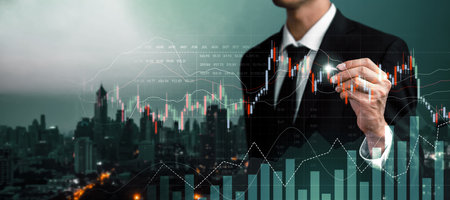 Businessman analyst working with digital finance business data graph showing technology of...