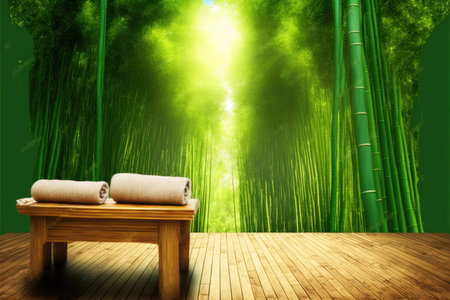 Focus wooden table with spa product isolated on blurred bamboo tree background. Concept of blank space for advertising product. Finest generative AI.の素材