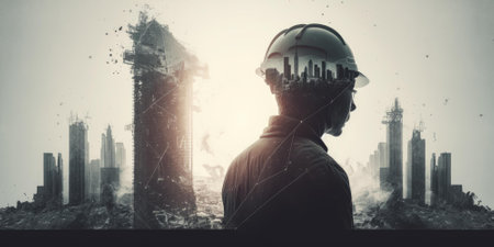 Double exposure of businessman or engineer stand with construction building. superlative generative AI image.の素材