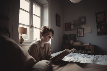 Male Caucasian teenager reading books in bedroom casual relaxing pastel. Generative AI AIG23.の素材