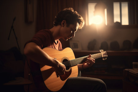 Male Caucasian adult playing guitar in music room activity music casual. Generative AI AIG23.の素材
