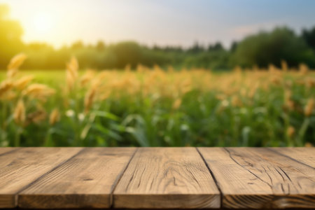 The empty wooden brown table top with blur background of corn field. Exuberant image.の写真素材