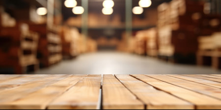 The empty wooden table top with blur background of a large warehouse. Exuberant image.の写真素材