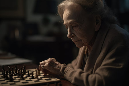 Female Caucasian elderly playing chess in living room activity. Generative AI AIG23.の素材