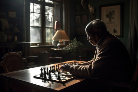 Male African elderly playing chess in sun room activity. Generative AI AIG23.の素材
