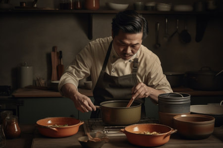Male Asian middle aged cooking in kitchen apron chef attire. Generative AI AIG23.の素材