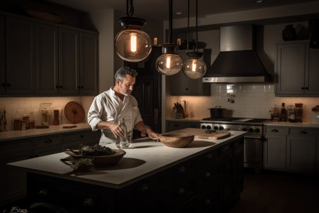 Male Caucasian middle aged cooking a meal in kitchen. Generative AI AIG23.の素材