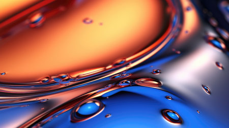 The close up of a glossy liquid surface abstract in red, yellow, and blue colors with a soft focus. 3D illustration of exuberant.の写真素材