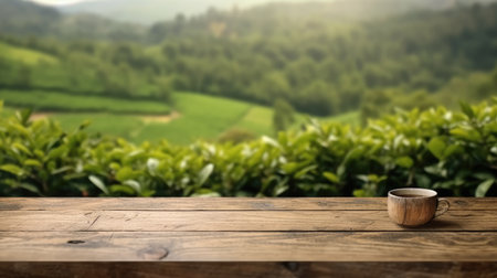 The empty wooden table top with blur background of tea plantation. Generative AI image AIG30.の素材