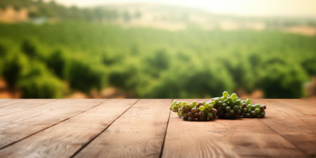 The empty wooden table top with blur background of vineyard. Generative AI image AIG30.の素材