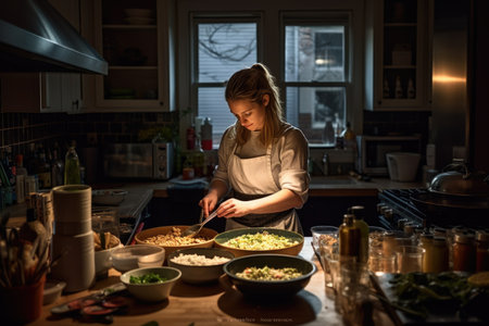 Female Caucasian American young adult cooking a meal in kitchen. Generative AI AIG23.の素材
