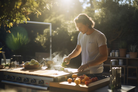 Male Caucasian young adult cooking outdoor kitchen stove. Generative AI AIG23.の素材