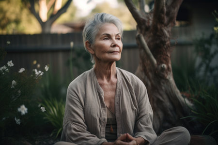 Female Caucasian elderly doing yoga exercise garden athletic. Generative AI AIG23.の素材