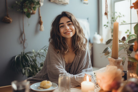 Female Hispanic teenager socializing dining room light conversation. Generative AI AIG23.の素材