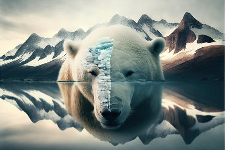 image shown by polar bear suffer due to melting ice caused by the impact of climate change on double exposure of global warming turning arctic hotter in background. Superb Generative AI.の素材