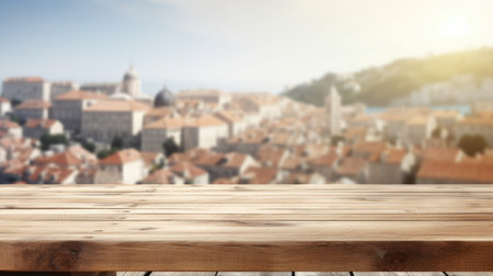 The empty wooden table top with blur background of the old town Dubrovnik . Exuberant image.の写真素材