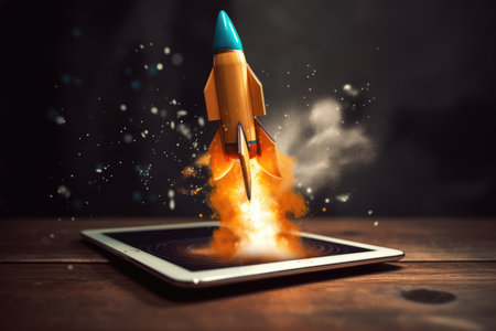 Rocket coming out of tablet screen. beautiful Generative AI AIG32の素材