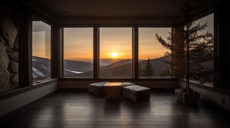 Living room decor, home interior design . Minimalism Mountain peak style with Golden hour decorated with Rocky and Clear blue material . Generative AI AIG26.の素材