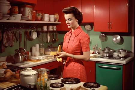 Female Caucasian 50s cooking a meal in kitchen. Generative AI AIG23.の素材