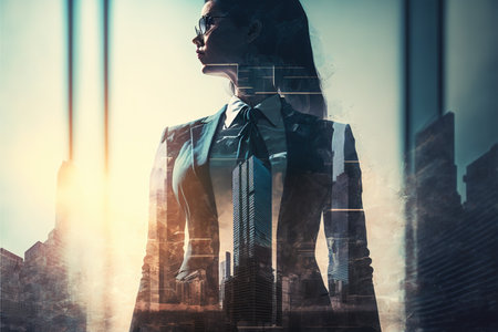 Ambitious businesswoman in black suit-clad profile with background residential city highrise buildings in double exposure, Successful businesspeople with strategic plans. Superb Generative AI.の素材