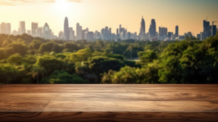 The empty wooden table top with blur background of city park skyline. Exuberant image.の写真素材
