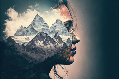 Double exposure woman portrait with cloudscape and mountain range background for sense of peaceful tranquility concept. Meditative natural freshness and mental abstract art. Superb Generative AIの素材
