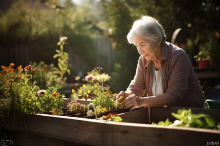 Female Caucasian elderly gardening in backyard plants Earthly. Generative AI AIG23.の素材