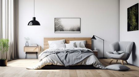 Bedroom decor, home interior design . Contemporary Minimal style with Bed decorated with Upholstery and Wood material . Generative AI AIG26.の素材