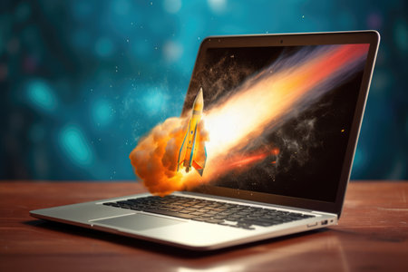 Rocket coming out of laptop screen. beautiful Generative AI AIG32の素材