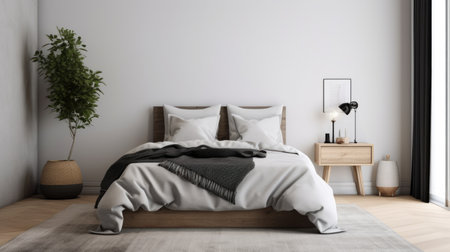 Bedroom decor, home interior design . Modern Minimal style with Bed decorated with Wood and Metal material . Generative AI AIG26.の素材