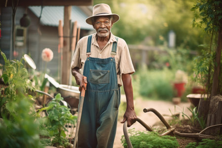 Male African elderly gardening in backyard plants grass. Generative AI AIG23.の素材