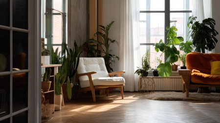 The interior of white tone color and pattern wood floor room with armchair in natural style. Generative AI AIG27.の素材