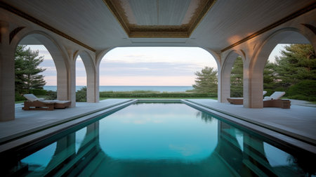 The swimming pool of the luxury mansion in garden with sky and ocean view. Generative AI AIG27.の素材