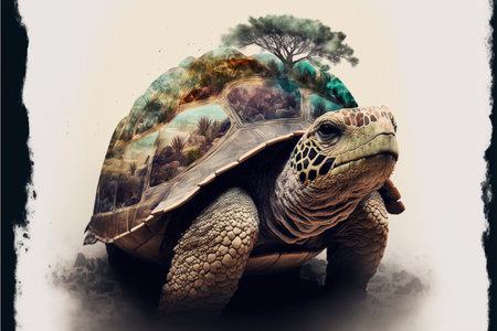 Contemporary abstract artwork double exposure turtle of and forest landscape design, concept of aimal and natural wilderness adventure. Superb Generative AI.の素材